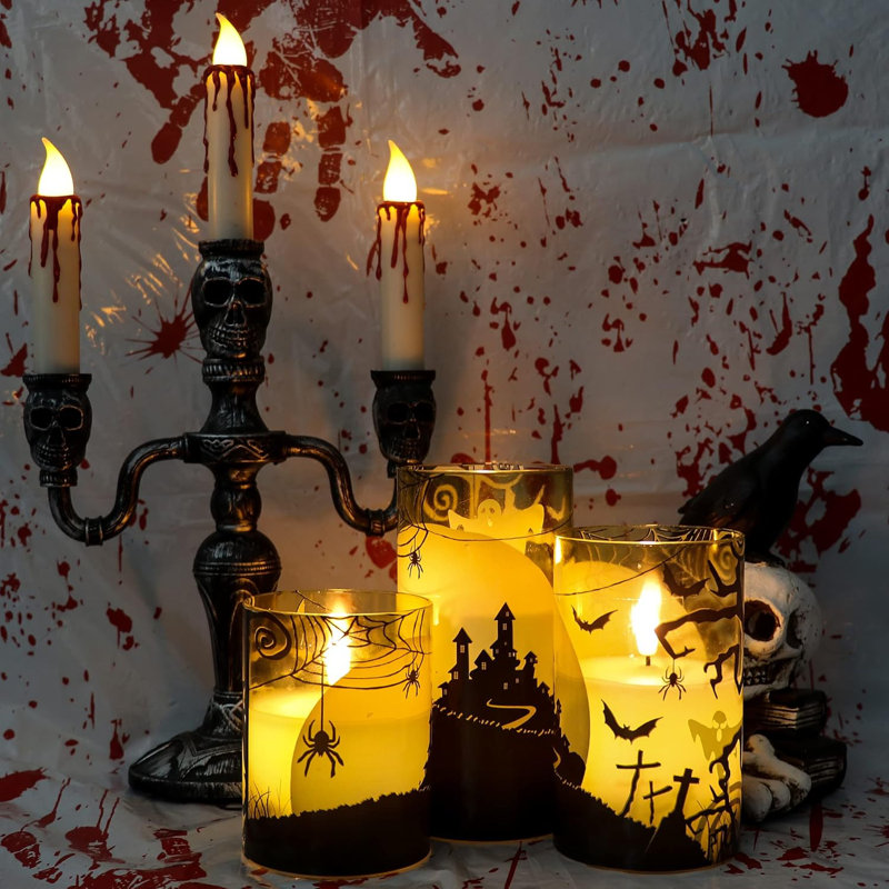 Halloween Flickering Candles With Spider Web, Ghost, Castle Decals, Green Glass Battery Operated Flameless LED Candles With Remote, Real Wax Candles Set Of 3 For Horror Spooky Decorations