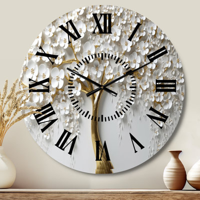 White Orchid Tree Garden Of Branches III - Tree Floral Black Face Wall Clock