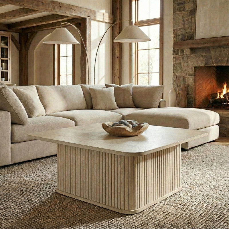 Aurel 31.5" Fluted Square Coffee Table, Beige