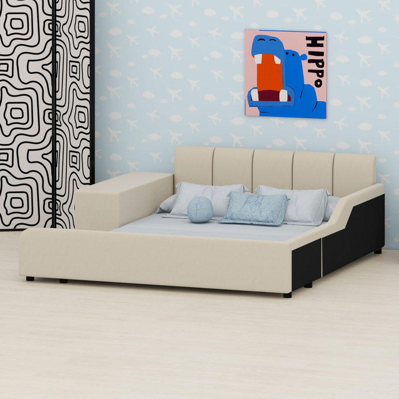 Lit tapissier à la terre, lit mère et enfant avec bureau de chevet et petit tabouret rond, Beige
