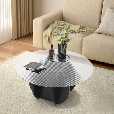 31.5" Round Glass Coffee Table With Wood Base For Living Room