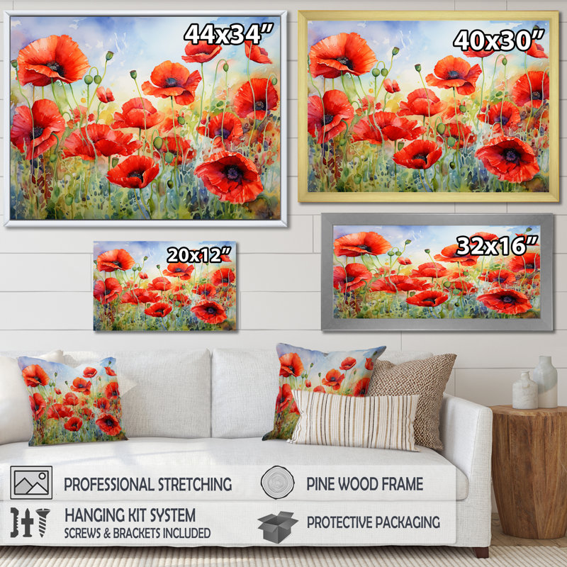 Radiant Red Poppies Pulse I - impressions de toiles de coquelicots, H 30 po x l 40 po x P 1,5 po, Cadre flottant noir