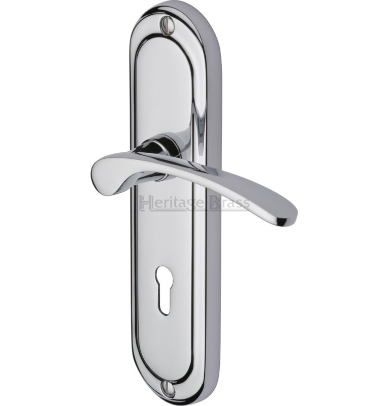 Heritage Brass Door Handle Lever Lock Ambassador Design, Polished Chrome