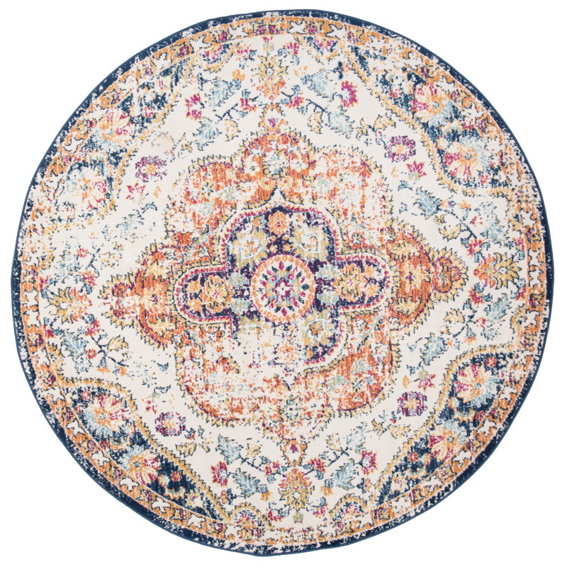 Beverly Oriental Orange/Blue/Cream Area Rug, Round 6'6"