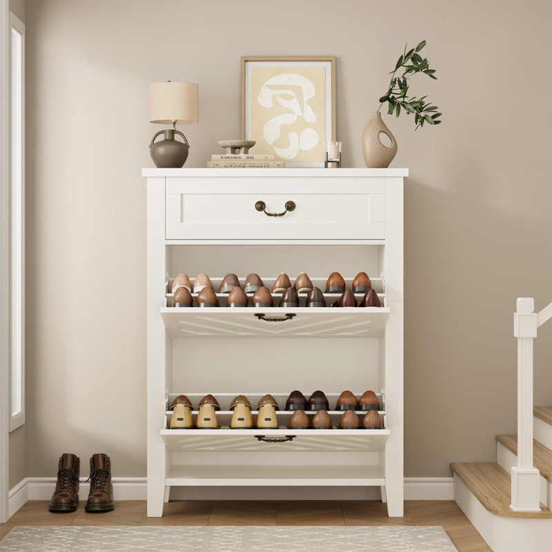 Armoire à chaussures 31,5 po avec 2 tiroirs rabattables - Rangement pour chaussures autoportant avec tablettes réglables et tiroirs de rangement pour le vestibule, le placard et le couloir