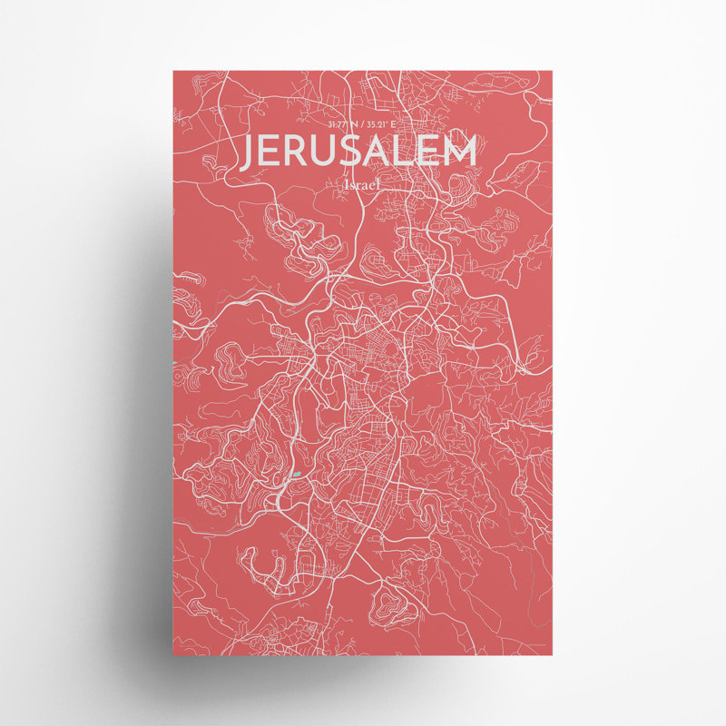 Carte de la ville de Jérusalem, impression de luxe, H 17 po x l 11 po, Rose / bleu pastel