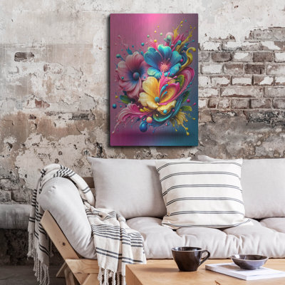  «Flower Paint Splash 1» par Rey Klimt, art mural en métal, 24 po x 36 po