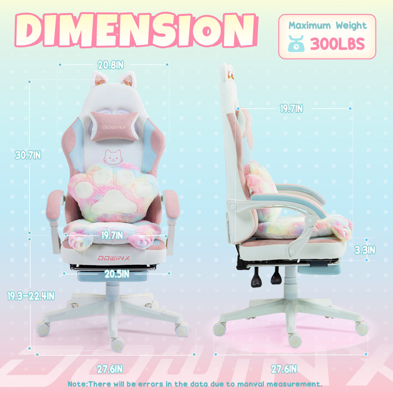 Cute Cat Ear Gaming Chair with Paw Print Lumbar Support and Cushion, Ergonomic Computer Desk Chair with Footrest, Reclining PC Game Chair, 300lbs