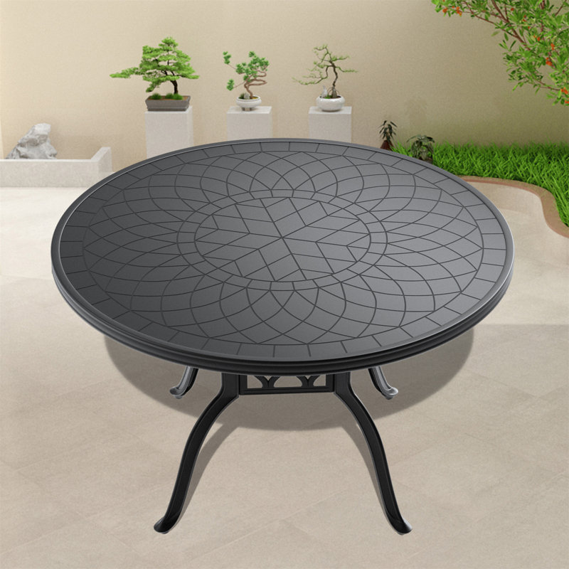 Table de salle à manger 47,24 pouces en fonte d'aluminium avec structure noire et texture sculptée sur le plateau de table