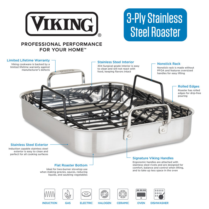 Viking 3 Ply Stainless Steel Roasting Pan with Rack and Thermometer Set