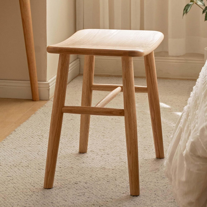 17.72"W Solid Wood Accent Stool Stool with Curved Seat for Bedroom and Living Room, Natural Ash