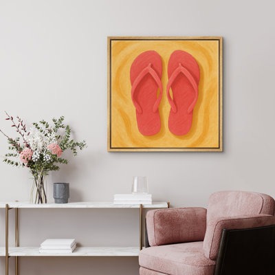 Vibrant Flip Flops on Sandy Background Framed Canvas Wall Art Print - Playful Summer-Inspired Artwork for Beach House or Casual Spaces