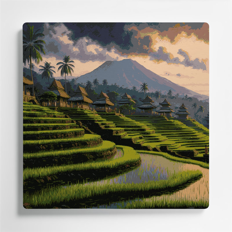 Art mural vert en métal villes de Bali en Indonésie, H 144 po x l 144 po x P 0,05 po