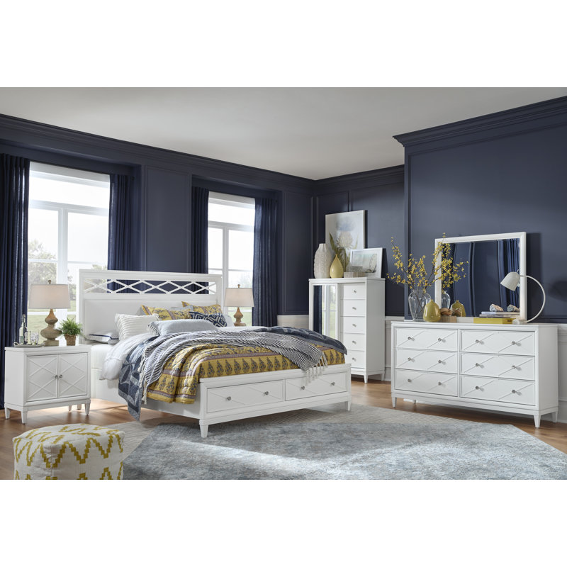 Très grand lit tapissier avec rangement 2 portes Colby California, Cinq pièces : Lit, 2 tables de chevet, commode, m