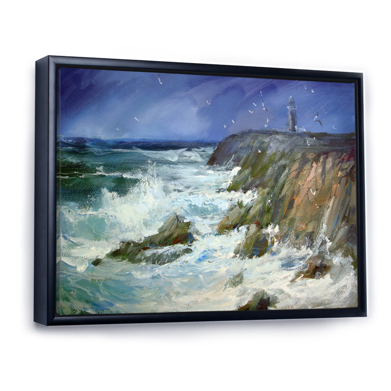 Phare sur les vagues massives - Peinture sur toile, H 24 po x l 36 po x P 1 po, Cadre flottant noir