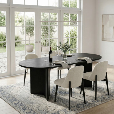 Modern 67" Double Pedestal Wood Dining Table Sets With 4 Upholstered Dining Chairs