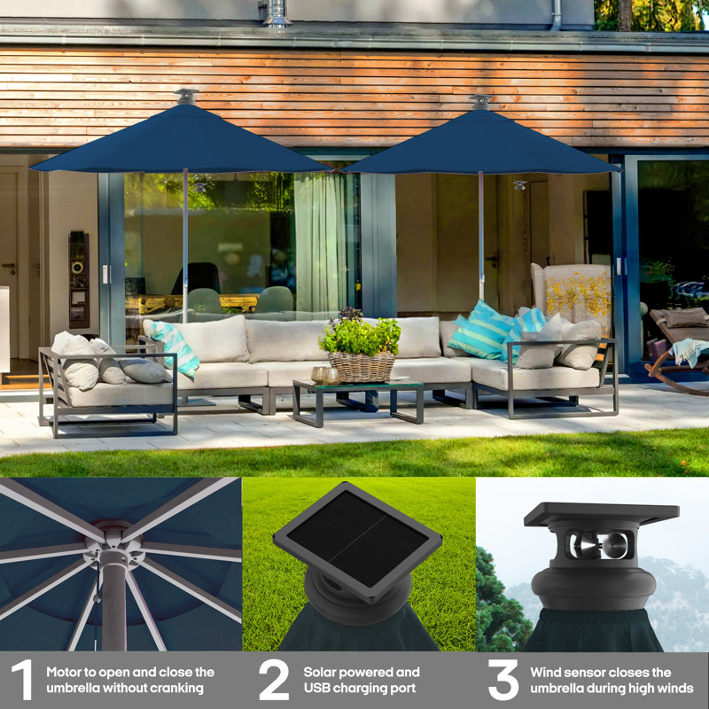 Pasticallo Paramount Series Smart Umbrella With Remote, Wind Sensor, Solar Panel, Led Center Lighting, Removeable Led Lighting Strip, Sunbrella Spectrum
