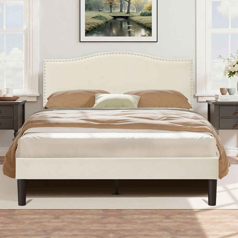 Structure de lit tapissier Auxter, Double, Beige