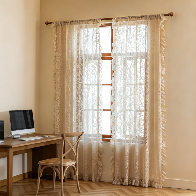 Beige Ruffle Lace Curtains 96 Inch 2 Panels Rod Pocket