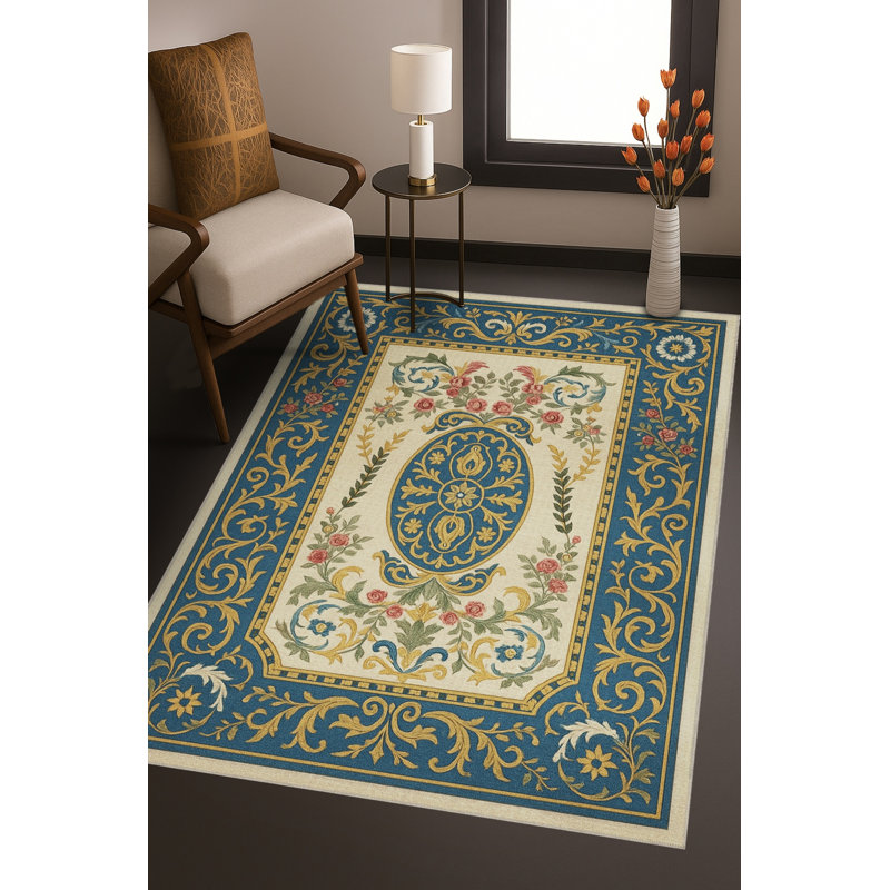 Tapis bleu tissé à envers lavable traditionnel Mosso, 6 pi 7 po x 9 pi 10 po