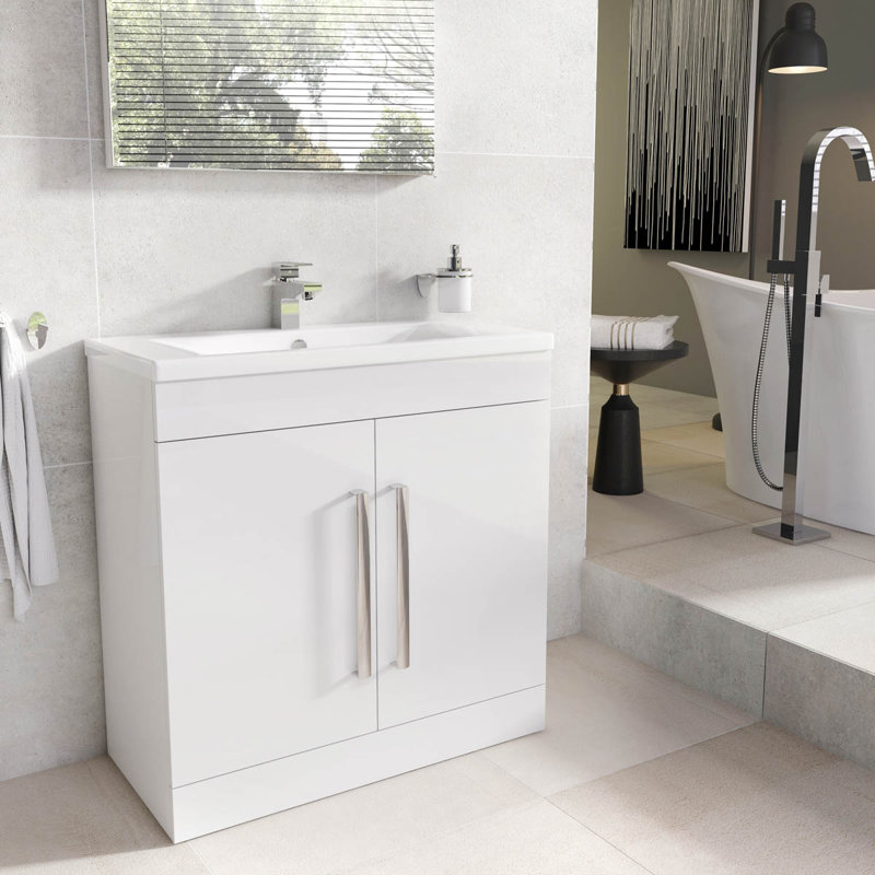 800mm Single Bathroom Vanity with Semi-Recessed Ceramic Basin, Gloss white