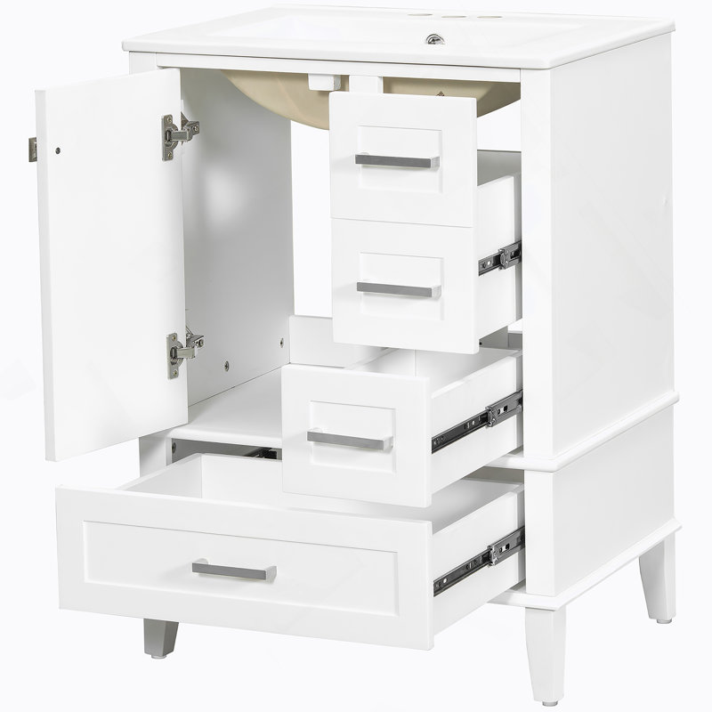 Bathroom Vanity With Ceramic Sink, Modern Freestanding Cabinet Featuring Soft-Close Door, Deep Drawer, White