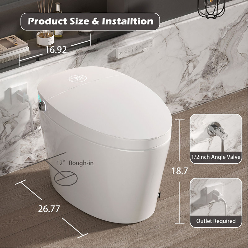 Smart Toilet with Bidet Built in, Bidet Toilet with Heated Seat, Foot Kick,Warm Water & Dryer, Night Light, Auto Flushing, 12" Rough-in,Remote Control