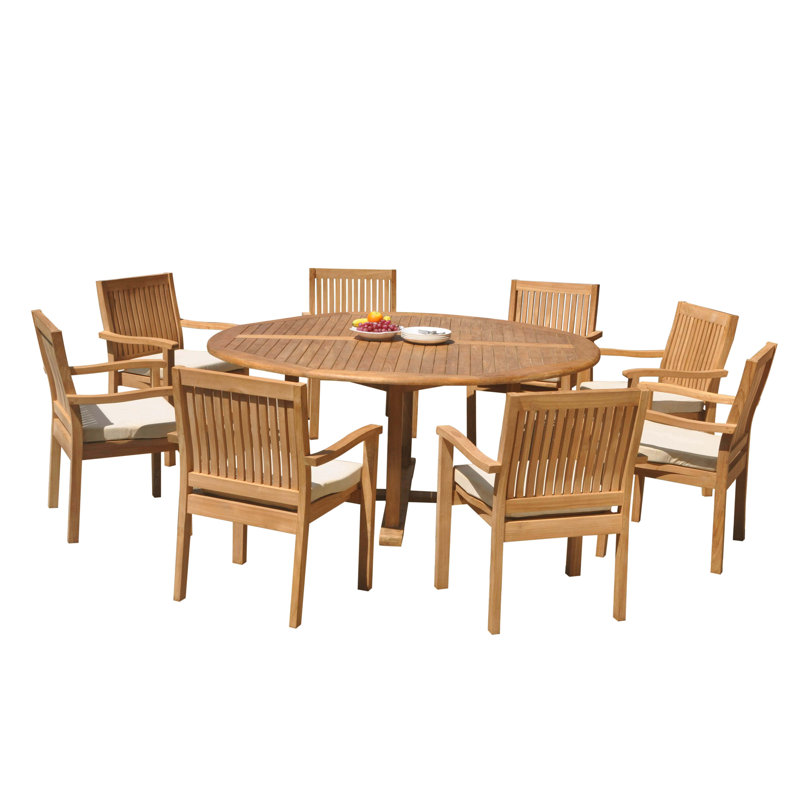 Ensemble de salle à manger 7 pièces en bois de teck de qualité A: table ronde de 72 po et 6 chaises empilables Leveb # 11LV1706