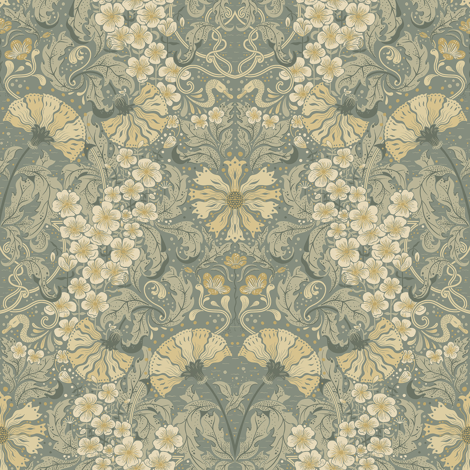 Francia Modern Floral Wallpaper, Sea Green