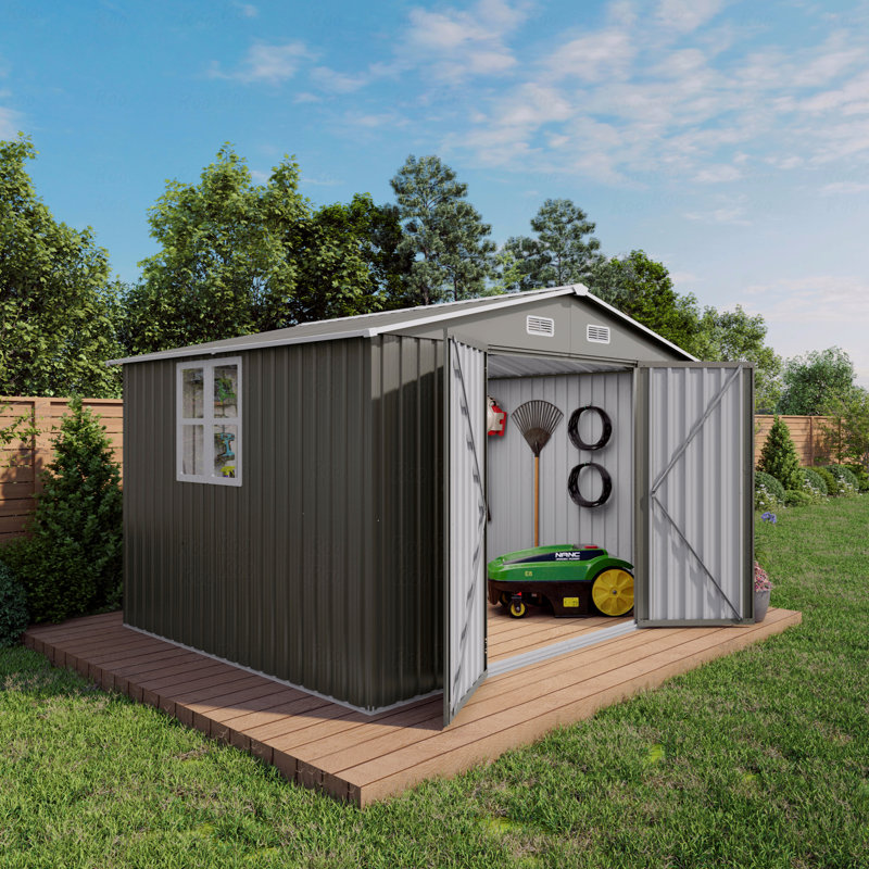 Remise de rangement extérieure 10 x 8 pi, grande remise de rangement en métal, porte verrouillable et évent d'air, remise pour outils de jardin à fenêtre transparente