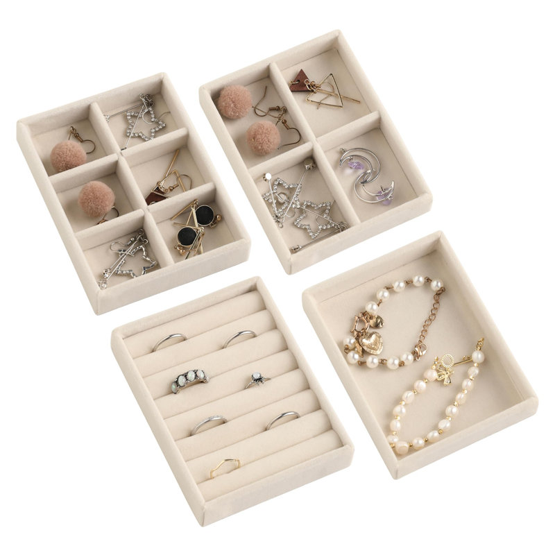 Jewellery Tray Set,Stackable Velvet Jewellery Organizer Tray,Mini Jewellery Drawer Organizer,Drawer Inserts,Earring Organizer (Set 4,Beige)