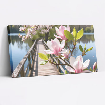 «Magnolia Blossoms And Wooden Bridge Lake Scene», reproduction d'art sur toile tendue sur toile, ensemble de 1