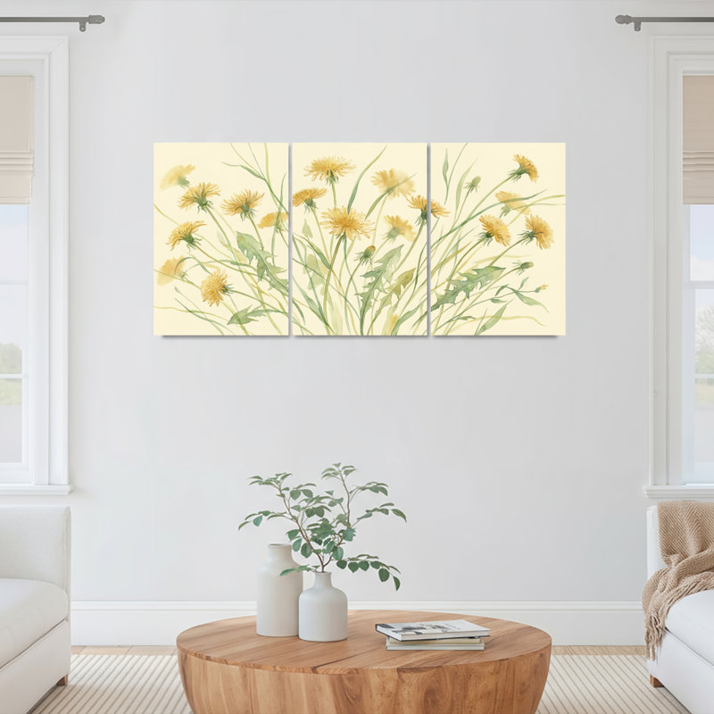 Pissenlit floral aquarelle sur toile tendue ensemble de 3 pour le salon chambre à coucher, H 36 po x l 72 po
