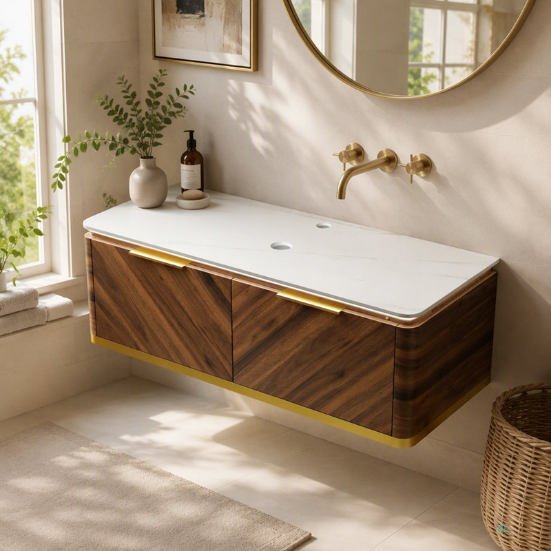 Comptoir mural en pierre frittée de 122 cm (48 po) et armoire en contreplaqué, sans lavabo, sans robinet ni couvercle d'évier