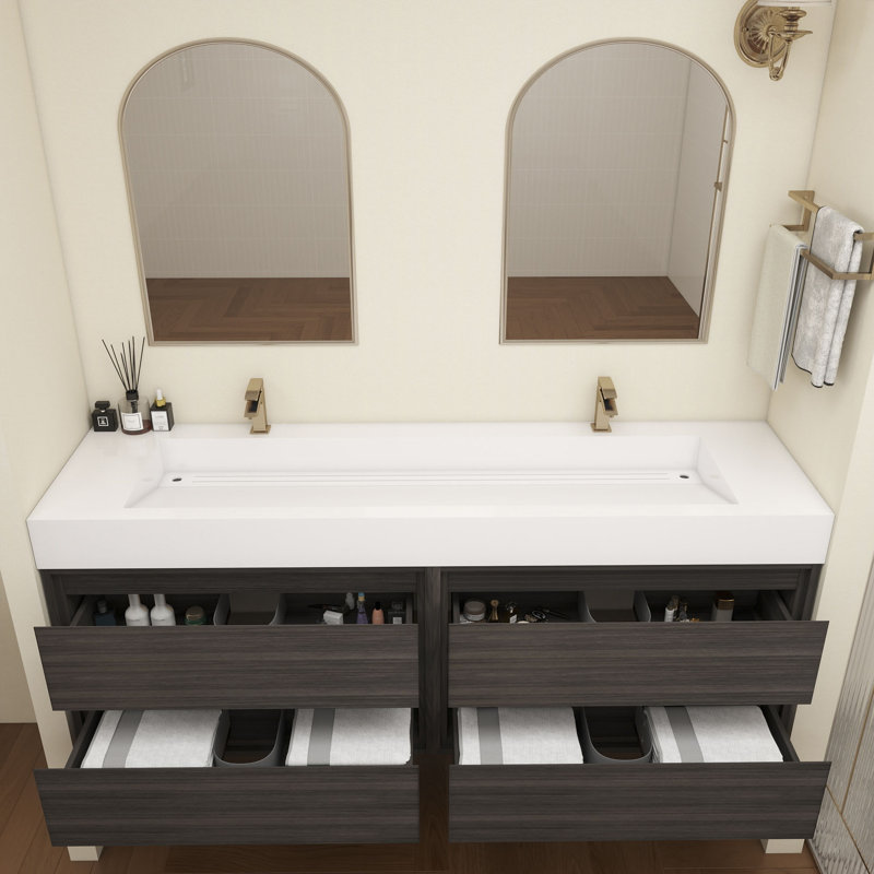 Meuble-lavabo mural double en teck et évier en acrylique 84 po Victoria, Chêne gris