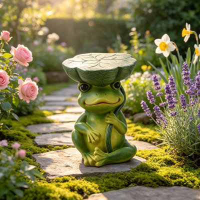 Statue de jardin grenouille 9,8 po avec siège en feuille de lotus, sculpture de bassin en oxyde de magnésium avec fonction tabouret