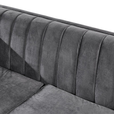 89 Inches Velvet 3 Seater Luxury Sofa with Gold Stainless Steel Trims and Embroidered Texture