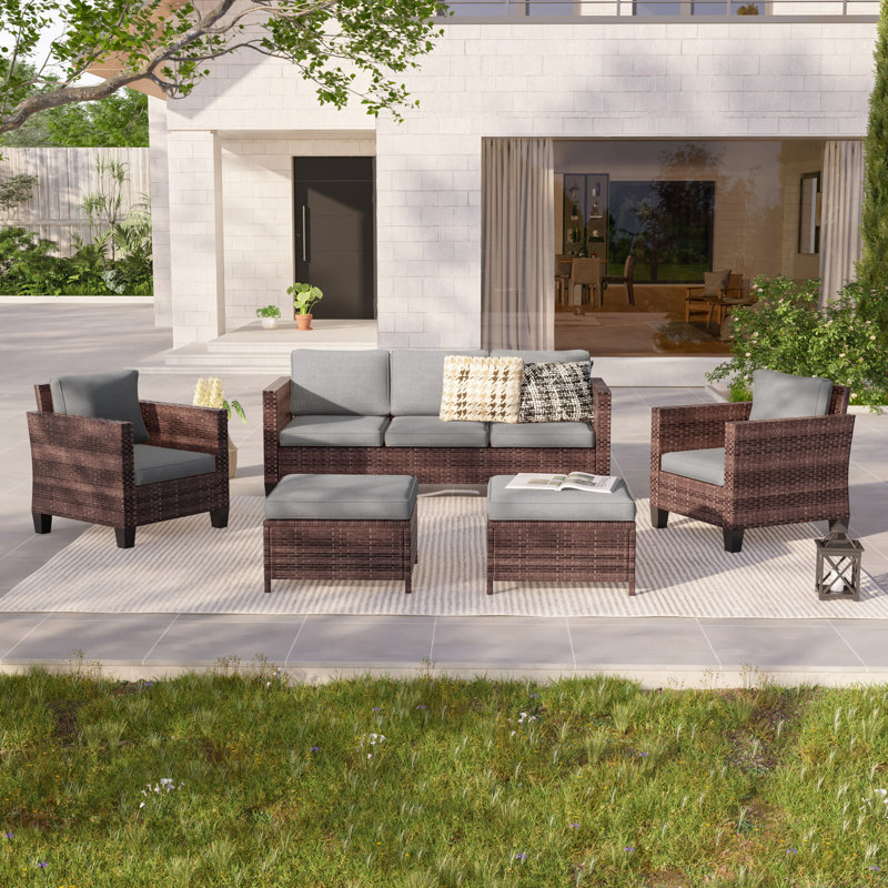 Ensemble de conversation de patio en osier de rotin 5 pièces avec coussins et repose-pieds Konami, ensemble de meubles d'extérieur toutes saisons pour terrasse