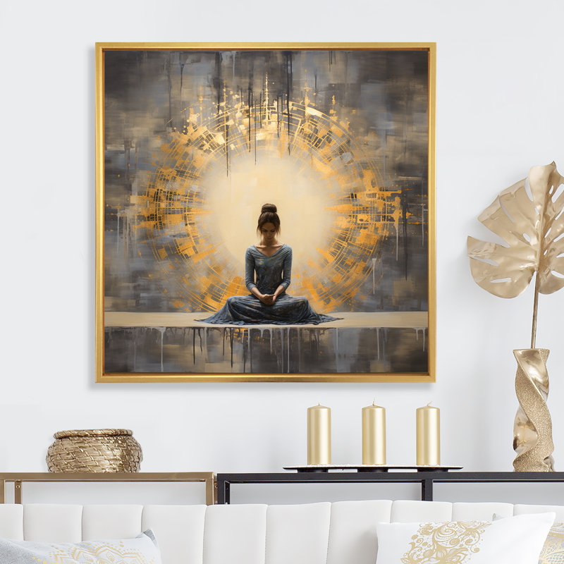 «Gold Meditation Pose», reproduction sur toile, Cadre flottant doré, H 36 po x l 36 po