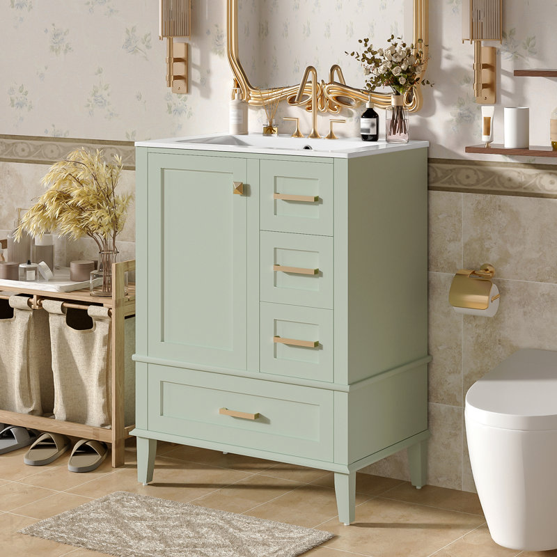 24.8" Bathroom Vanity With Ceramic Sink, Modern Freestanding Cabinet Featuring Soft-Close Door, Deep Drawer, Shallow Drawer & Wide Drawer For Space-Saving Storage