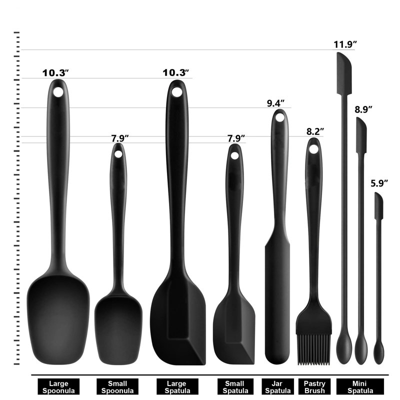 9 Pieces Silicone Spatula Set Kitchen Utensils For Baking, Black