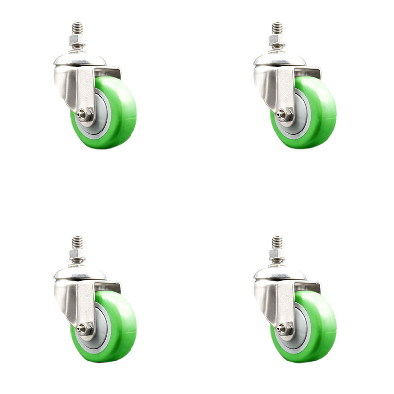 Ensemble de roulettes à tige filetée 3 pouces en polyuréthane pivotant 12mm 12mm, Vert
