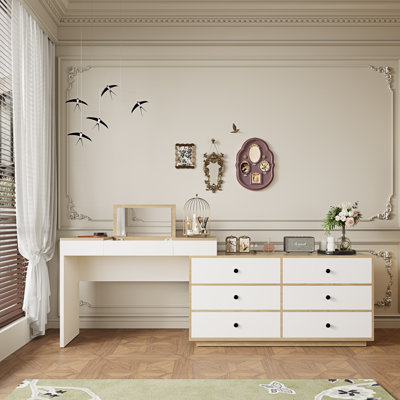 95.6'' Extendable Makeup Vanity Desk With Flip-Top Mirror And Storage Drawers Home Office Desk