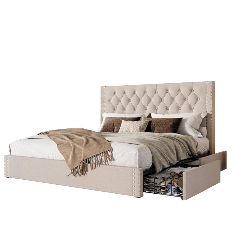Lit plateforme tapissier avec tiroirs de rangement, Beige, Très grand lit