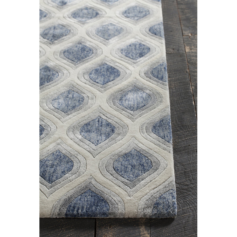 Tapis bleu / crème en laine Delong, Rectangle 5 pi x 7 pi 6 po, Bleu / Crème