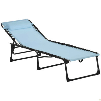 Folding Chaise Lounge Pool Chair, Patio Sun Tanning Chair, Outdoor Lounge Chair W/ 4-Position Reclining Back, Pillow, Breathable Mesh & Bungee Seat For Beach, Yard, Patio, Baby Blue
