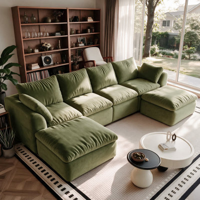 Canapé modulaire en forme de L de 122,1 po à 6 sièges avec méridienne double, canapé d'angle surdimensionné à assise profonde, assemblage sans outil sous vide, grand canapé en tissu tissé texturé pour le salon, vert olive