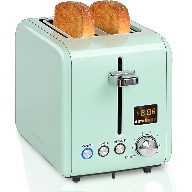 Toaster 2 Slice, Stainless Steel Bread Toaster LCD Display, 7 Bread Shade Settings, 1.4'' Wide Slots, Green
