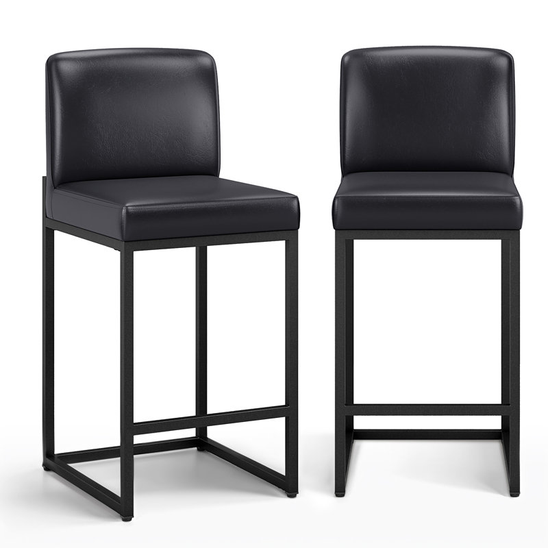 61cm Modern Upholstered Kitchen Counter Stool with Metal Sled Base & Faux Leather, Midnight, 2
