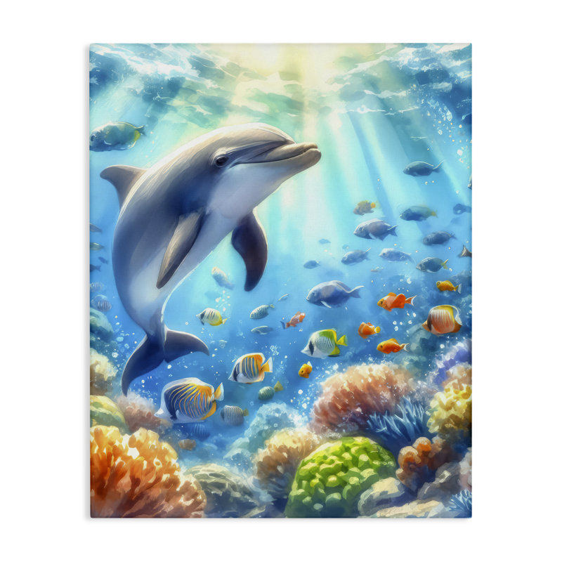  Art mural sur toile "Dauphin souriant sous la mer" par LSR Design Studio, H 20 po x l 16 po